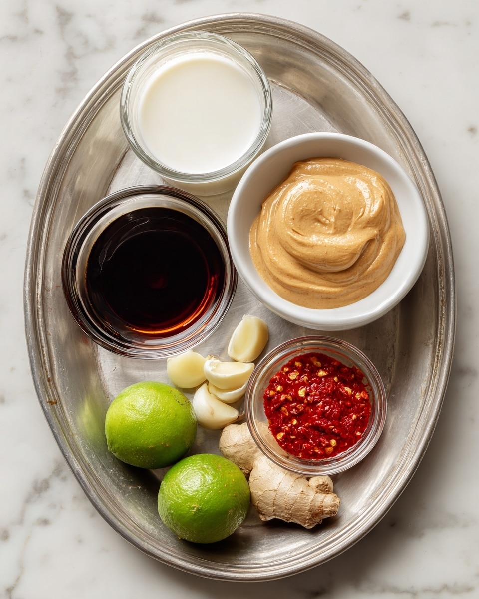 A silver tray holds six ingredients arranged neatly on a white marbled surface: at the top left is a clear glass filled with white coconut milk, next to it on the right a white bowl filled with smooth light brown peanut butter. Below the coconut milk is a clear glass filled with dark brown soy sauce. Below the peanut butter is a small silver bowl with bright red chili paste, and to its right, another silver bowl holding several pale yellow garlic cloves. At the bottom center of the tray are two bright green limes and a small piece of pale brown ginger root. photo taken with an iphone --ar 4:5 --v 7