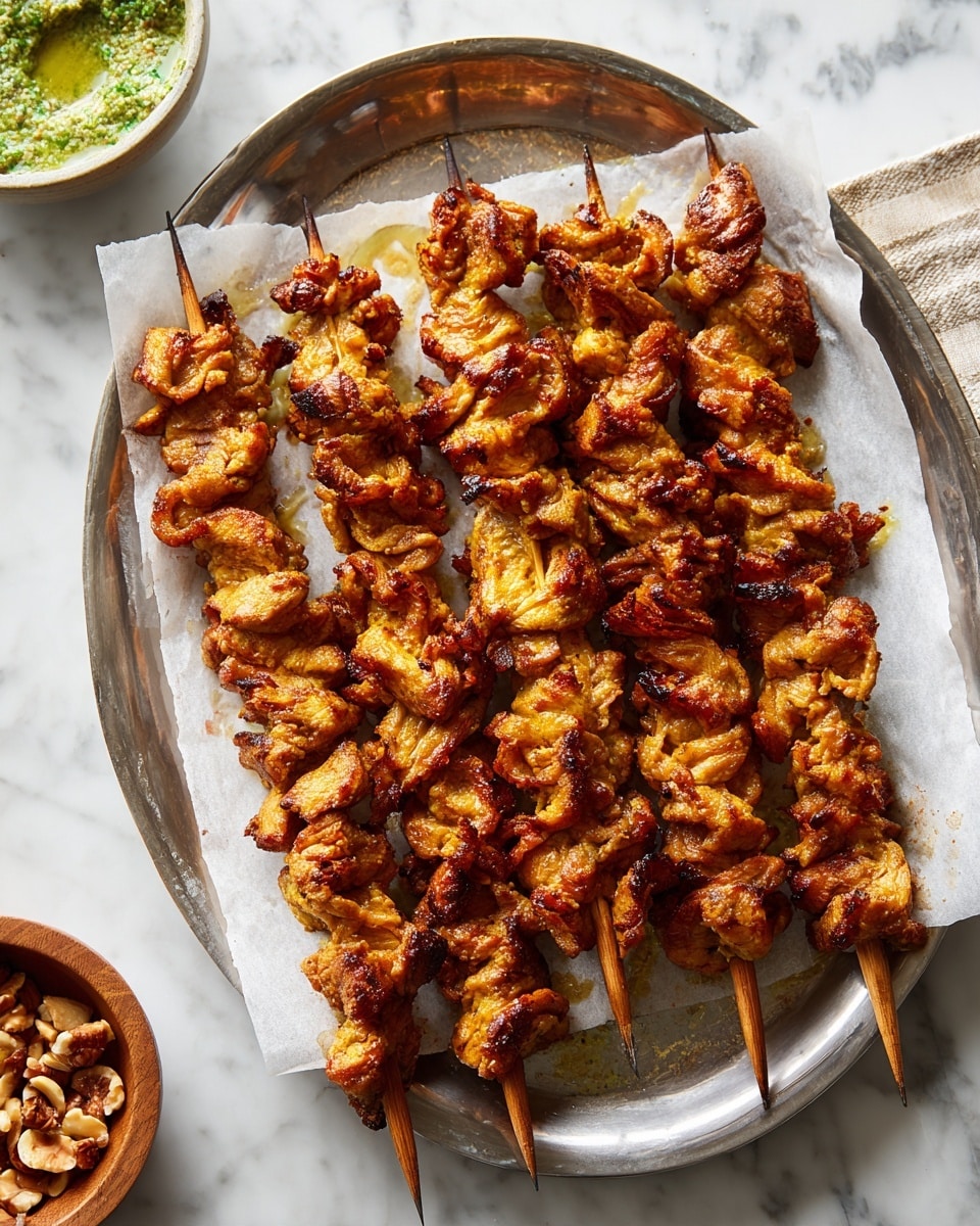 The image shows eight skewers of grilled, curly meat arranged in two columns on a silver tray lined with parchment paper. The meat is golden brown with a slightly crispy texture, each skewer filled with multiple pieces tightly packed and folded in a wavy pattern. The tray is set on a white marbled surface, and part of a small bowl with a green sauce and another bowl with brown nuts or seeds can be seen in the lower left corner. The overall look is warm-toned and appetizing. Photo taken with an iphone --ar 4:5 --v 7