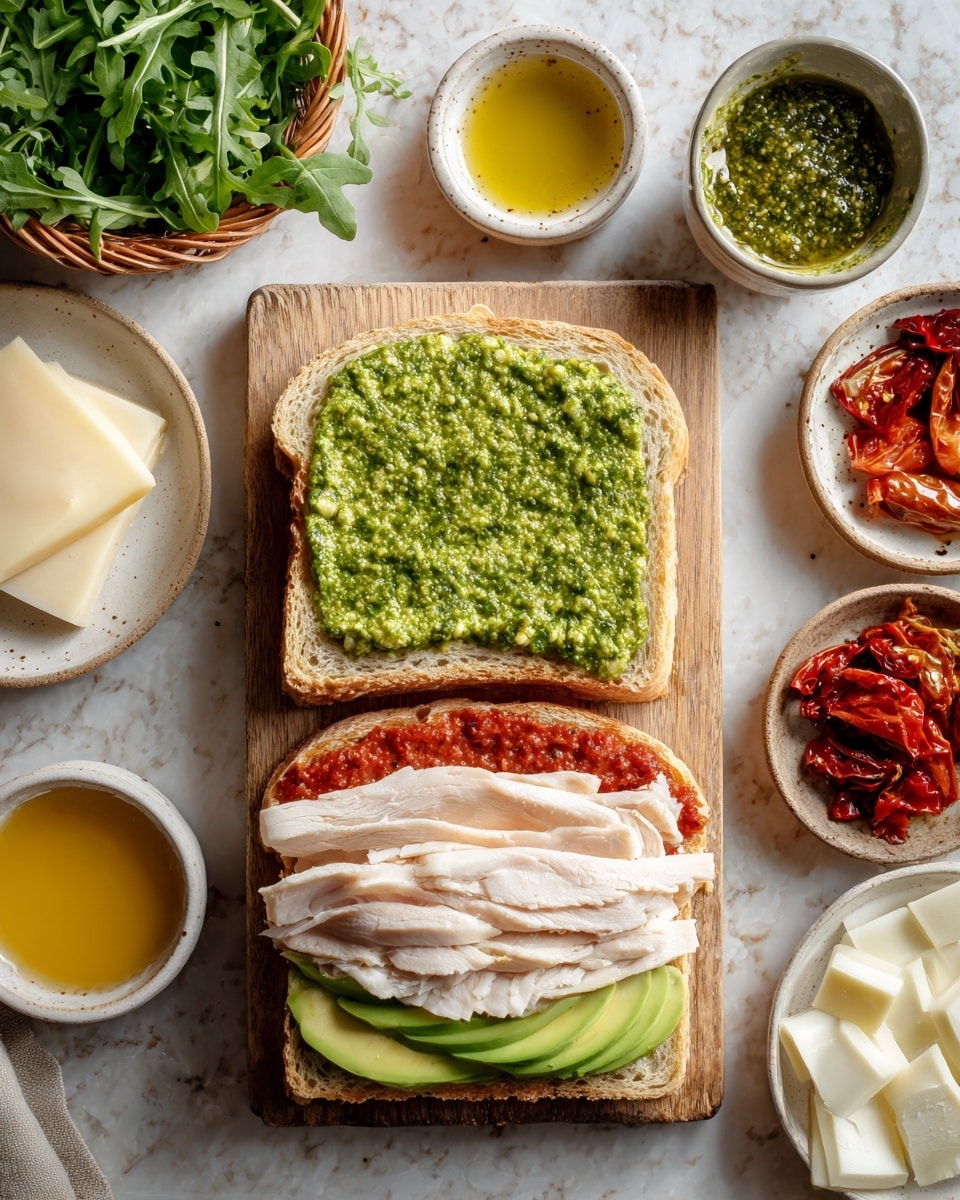 On a wooden board, there is a sandwich being made with two slices of bread; the left slice is spread with a thick green pesto layer, while the right slice has a red sauce base, green avocado slices, and a layer of thinly sliced pale turkey breast on top. Nearby, a small white bowl holds more green pesto with some olive oil. Around the board are several small dishes: white plate with folded white cheese slices, a white bowl with yellow mustard, a round dish with shiny roasted red pepper halves, and a basket with fresh green arugula leaves. There are also onion slices in a white bowl partially visible in the upper left corner. The whole setup sits on a white marbled textured surface. photo taken with an iphone --ar 4:5 --v 7