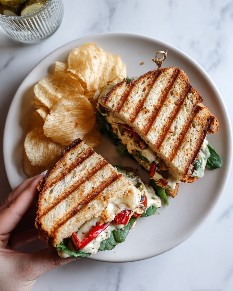 A white plate with two toasted sandwich halves, each pressed with visible grill lines on golden brown bread; the sandwich includes layers of green leafy arugula, melted creamy cheese, and slices of roasted red pepper, creating a mix of green, white, and red colors inside. One half is held with a woman’s hand using a small food skewer on top to hold it together. Next to the sandwich halves are thin, crispy potato chips with a rough texture and light brown color. The plate sits on a white marbled surface, and there is a clear ribbed glass and a few pickled cucumber slices in the background. Photo taken with an iphone --ar 4:5 --v 7