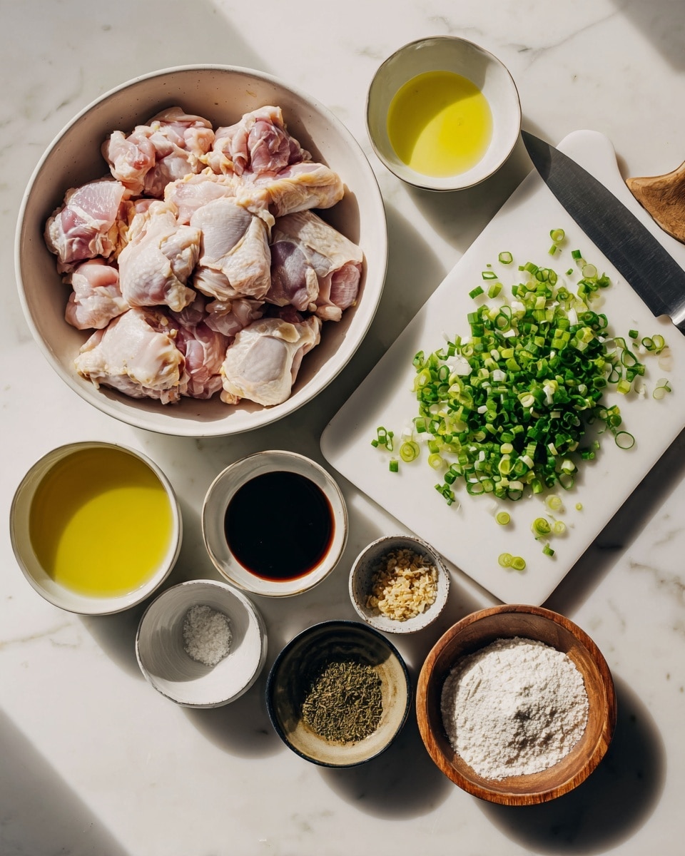 A white bowl filled with raw pale pink chicken thighs on the left side sits on a white marbled surface. Next to it on the right is a white cutting board with a knife and chopped green onions, varying in color from light green to dark green. Surrounding these central items are six small containers: a white bowl with a clear yellow liquid, a white bowl with a dark brown sauce, a small dark brown dish with minced garlic, a small dark brown dish with minced ginger, a wooden plate holding white flour, black pepper, salt, and white sesame seeds, and another white bowl with a pale yellow liquid. The composition is neat with bright natural light. photo taken with an iphone --ar 4:5 --v 7