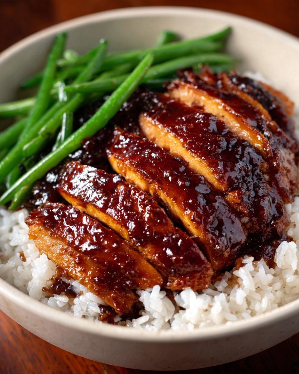 The image shows a white bowl filled with white rice as the base layer, with several slices of glossy, dark brown glazed chicken arranged neatly in the middle on top of the rice. To the left side of the bowl, there is a serving of green beans that add a fresh green color contrast. The chicken slices have a shiny and smooth texture from the thick sauce covering them. The white marbled texture surface can be seen faintly in the background. Photo taken with an iphone --ar 4:5 --v 7