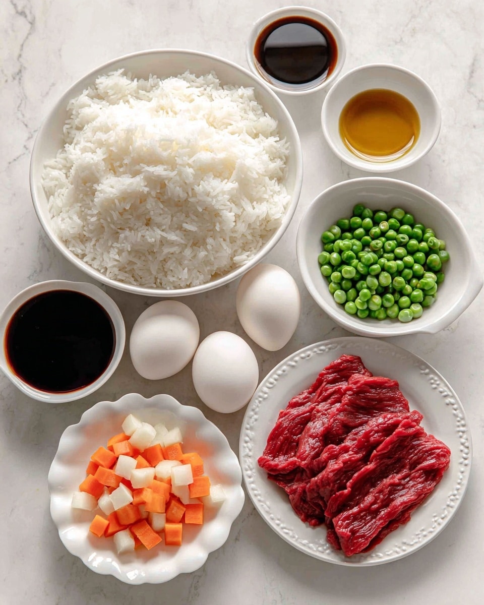 The image shows several white dishes arranged on a white marbled surface. In a large white bowl, there is a heap of cooked white rice with a soft and fluffy texture. Around it, small white bowls hold different sauces including dark soy sauce, a light brown sauce, a thicker dark sauce, and a golden oil. There are also two whole white eggs placed next to a light brown onion. A white bowl with scalloped edges contains bright green peas mixed with small orange carrot cubes. Another white plate holds thin strips of raw red beef, showing a fresh and tender look. The overall colors are natural and clear, highlighting each ingredient separately in simple white dishes. Photo taken with an iphone --ar 4:5 --v 7