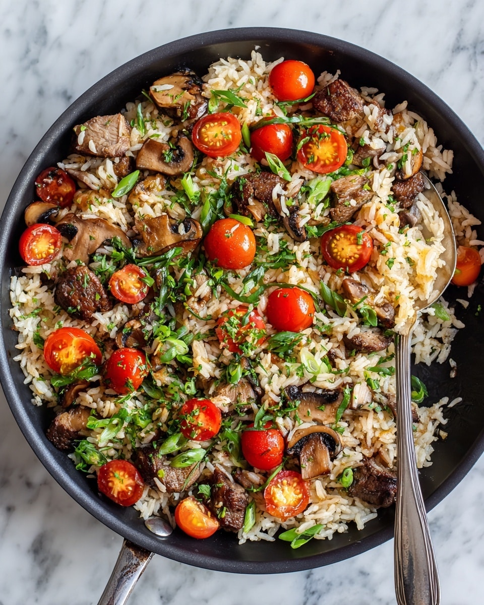 A round black pan filled with cooked rice mixed with pieces of brown meat and sliced brown mushrooms. Cherry tomatoes, cut in halves, are scattered on top, adding a bright red color. Fresh green herbs and chopped green onions are sprinkled evenly across the dish, giving it a fresh look. A silver spoon rests inside the pan, partially covered by the food, all set on a white marbled surface. photo taken with an iphone --ar 4:5 --v 7