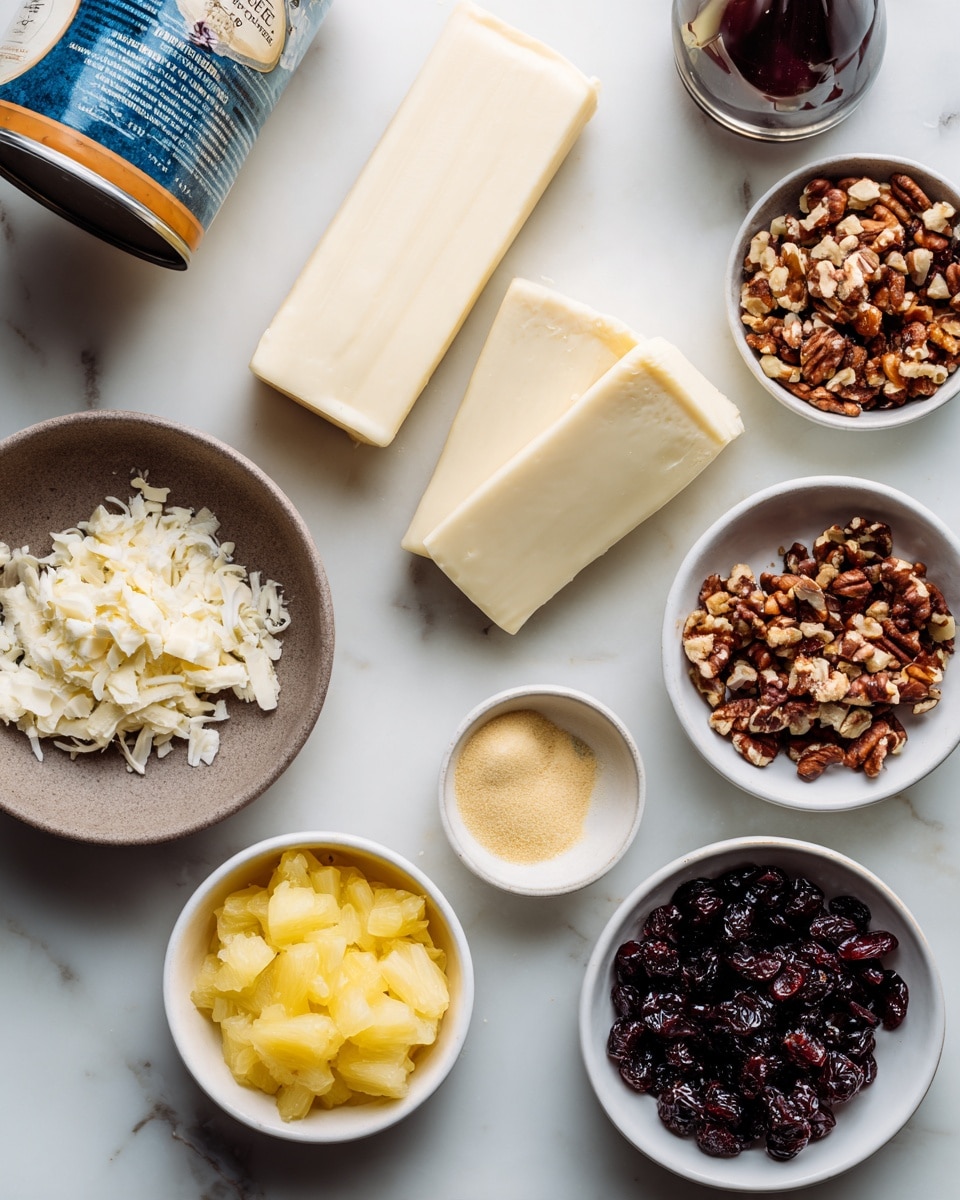 The image shows an overhead view of several food items arranged on a white marbled surface. In the center top, there is a wedge of creamy white cheese with a smooth texture. Around it are small white bowls containing different ingredients: light yellow melted butter, dark brown chopped nuts, dark red dried cherries, and pale yellow crushed pineapple. There is a small bottle of dark red vanilla extract and a small bowl of light brown spices. A blue-orange can of cream cheese is partially visible at the top left. The colors are soft and natural, with a clean, neat layout. photo taken with an iphone --ar 4:5 --v 7