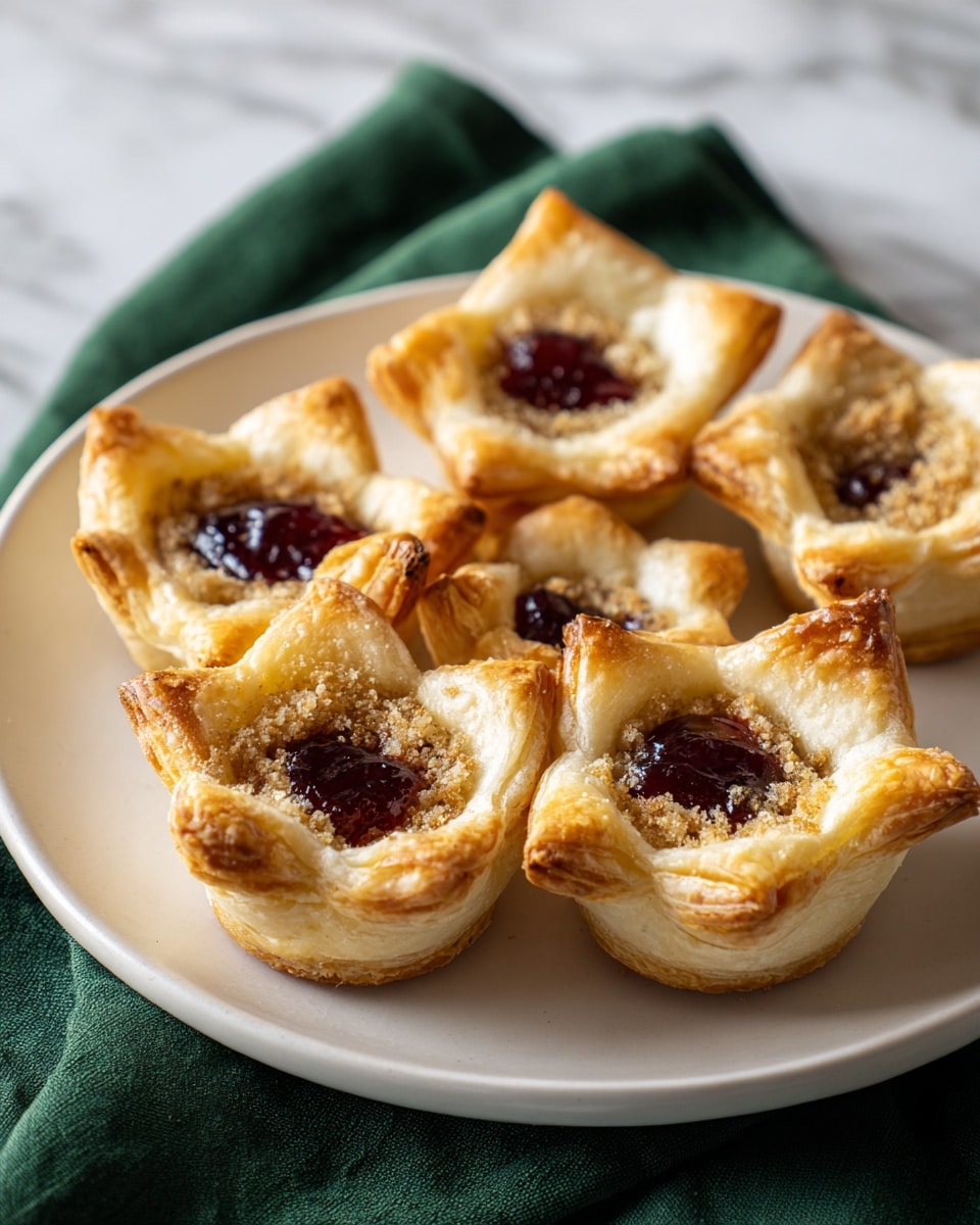 The image shows six small pastry cups arranged on a white plate, placed on a green cloth over a white marbled surface. Each cup has a golden-brown puff pastry outer layer with a flaky and slightly crunchy texture. Inside the pastry shell, there is a filling composed of roughly two layers: a dark red jam layer in the center and a light brown nutty mixture surrounding it, giving a mix of smooth and crumbly textures. The pastry edges are folded slightly upward, creating a star-like shape around the filling. The lighting highlights the crispiness of the pastry and the glossy shine of the jam filling, making the mini tarts look fresh and tempting. Photo taken with an iphone --ar 4:5 --v 7