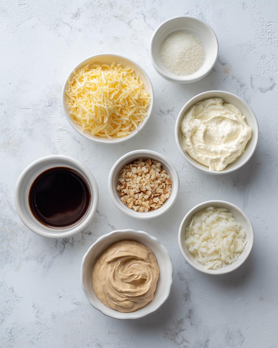 The image shows seven small white bowls arranged on a white marbled surface. Each bowl contains different ingredients: shredded yellow cheese, white creamy sauce, chopped white onion, a dark brown liquid, a creamy beige spread, white salt, and crushed light brown nuts. The bowls are spaced apart, giving a clear view of each ingredient with soft natural light. The overall look is clean and organized, with a simple and bright background. photo taken with an iphone --ar 4:5 --v 7