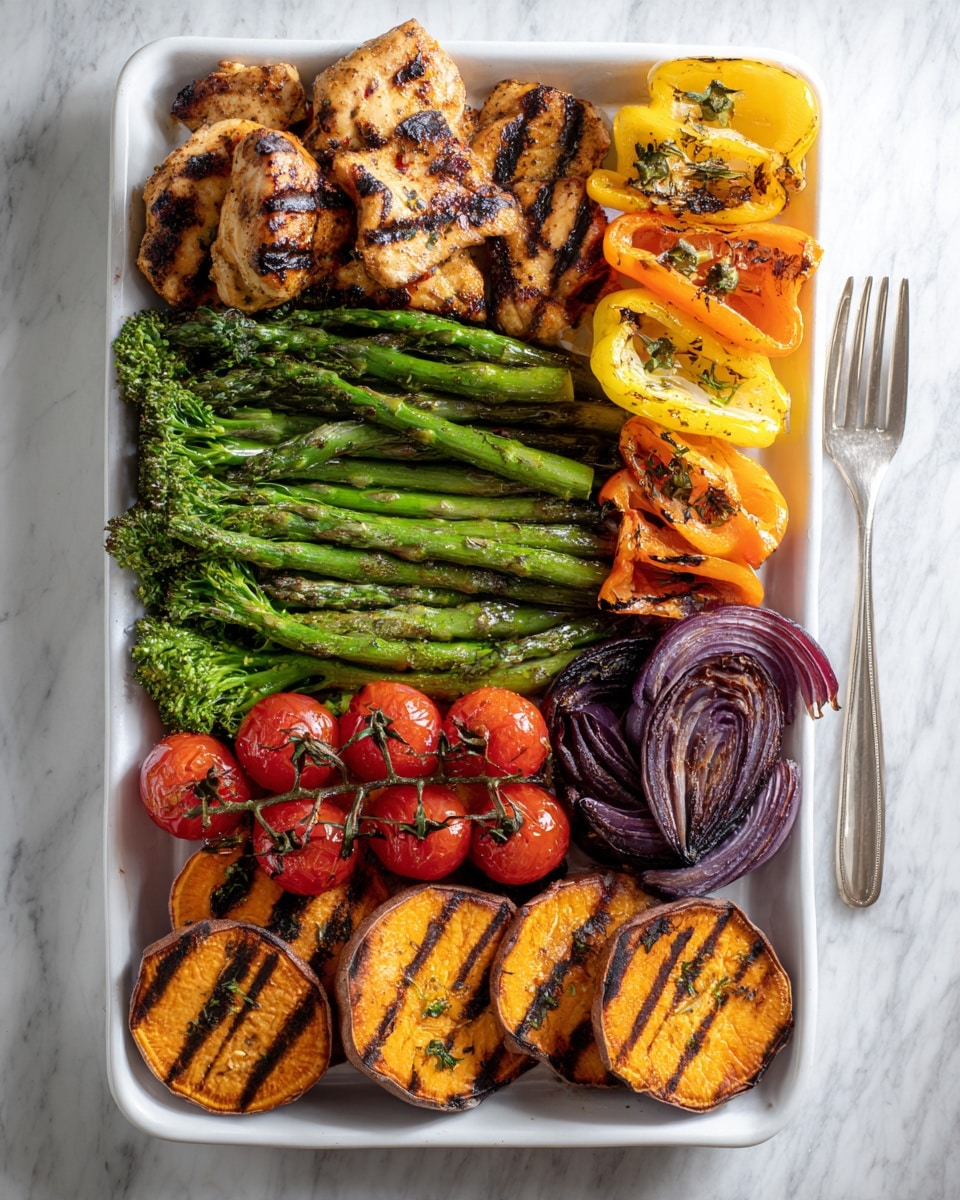 A white rectangular tray filled with neatly arranged grilled food items on a white marbled surface. On the left side, there are light brown grilled chicken pieces with char lines, below them bright green grilled asparagus spears. In the middle, there are yellow and orange grilled pepper halves with grill marks, and some bright green broccolini stems. Next to the broccolini, there is a row of bright red grilled cherry tomatoes on the vine. At the bottom center, there are thick round slices of grilled sweet potato with dark char lines, and some purple grilled onion rings with slight charring. A metal fork is placed on the top right corner of the tray. Photo taken with an iphone --ar 4:5 --v 7