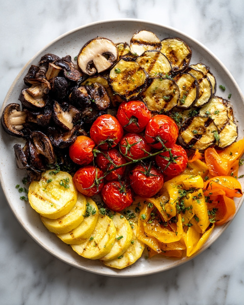 A white round plate holds five distinct sections of food arranged in a circular pattern. At the top right, there are golden-brown grilled eggplant slices with a slightly charred texture. Moving clockwise, the next section has sautéed light brown mushroom slices with a soft look. Below that, there is a cluster of bright red cherry tomatoes on the vine, shiny and plump. Next to the tomatoes, on the bottom right, there are yellow and orange roasted bell pepper pieces with a slightly wrinkled surface. Finally, on the bottom left, there are several slices of grilled yellow squash with a light sear and char marks. All the items rest on a white marbled surface background, and small green herb pieces are sprinkled on the vegetables. photo taken with an iphone --ar 4:5 --v 7
