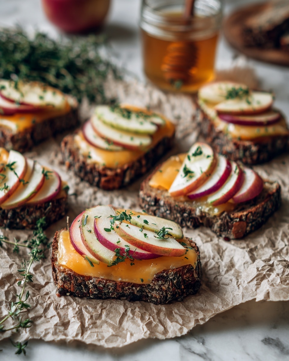 The image shows several small pieces of dark, seeded bread as the base layer, each topped with thin slices of red and green apple arranged in a slightly overlapping manner. On top of the apple slices is a melted orange cheese layer, which looks glossy and smooth, sprinkled lightly with small green herb flakes. The bread pieces are placed on crumpled light brown paper with a glass jar with honey in the background and a sprig of fresh green herbs nearby, all set on a white marbled surface. photo taken with an iphone --ar 4:5 --v 7