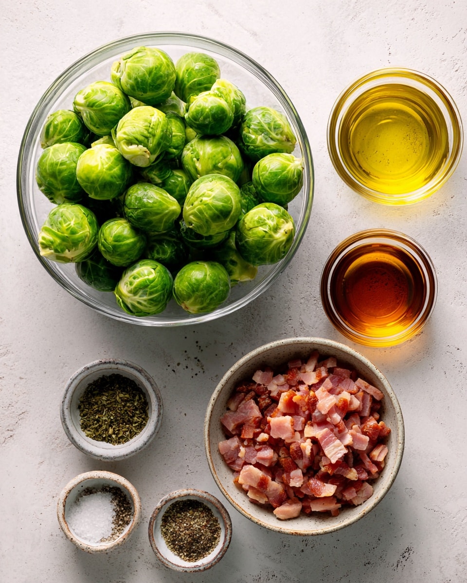 A top view of ingredients arranged on a white marbled surface including a large clear glass bowl filled with bright green Brussels sprouts on the left, a smaller clear glass bowl with chopped raw bacon pieces at the bottom right, two small ceramic bowls containing coarse salt and black pepper near the center, and two clear glass bowls filled with golden yellow oil and amber-colored vinegar on the top right, all lit softly with natural light, photo taken with an iphone --ar 4:5 --v 7
