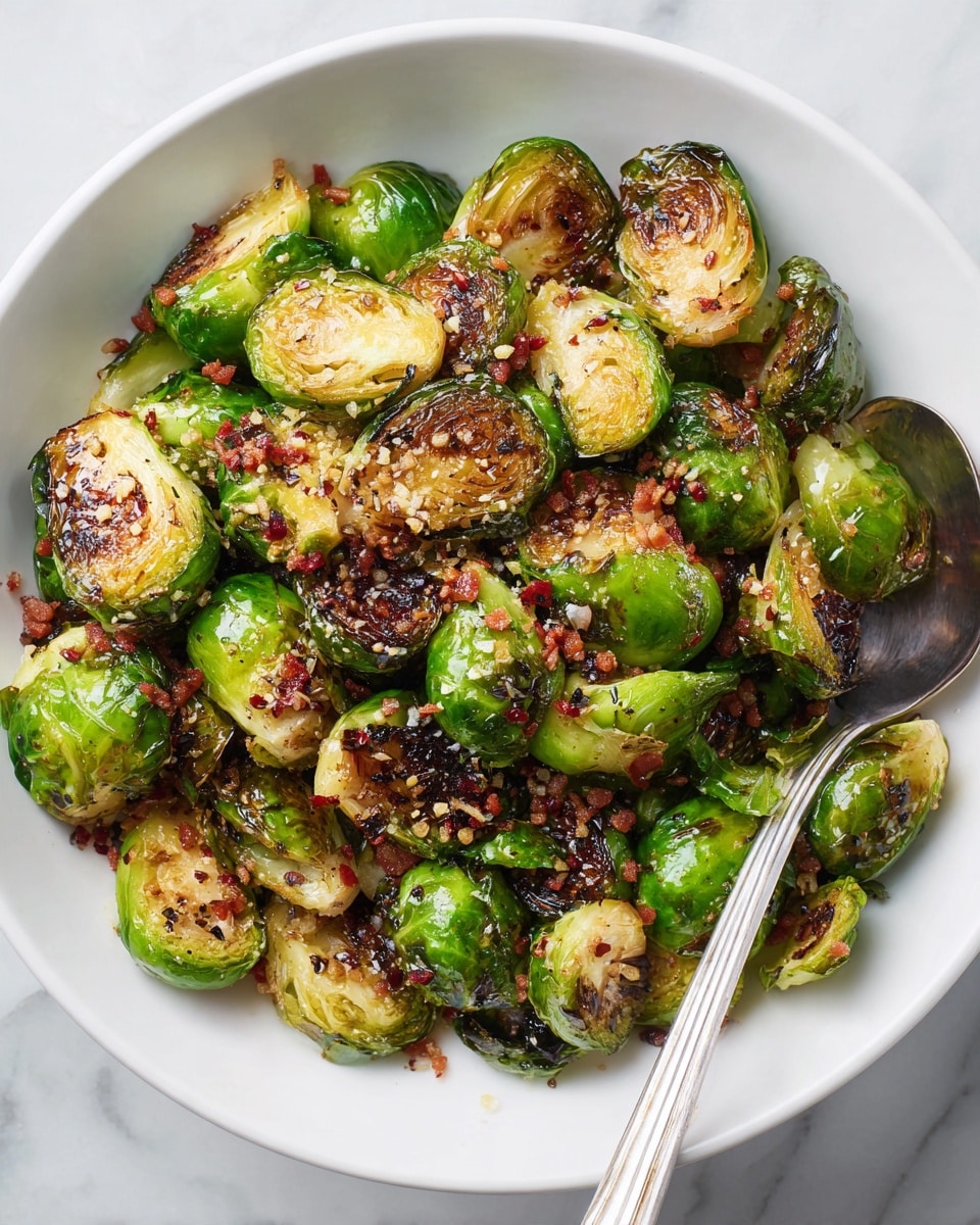 A close-up of a white bowl filled with roasted Brussels sprouts, each piece showing a mix of bright green and dark charred brown colors, giving a crispy texture. Scattered among the sprouts are small, red crispy bacon bits and a sprinkling of coarse salt and red pepper flakes on top. A shiny silver spoon is partially visible inside the bowl, resting on the right side. The bowl sits on a white marbled surface, emphasizing the vibrant colors of the dish. photo taken with an iphone --ar 4:5 --v 7