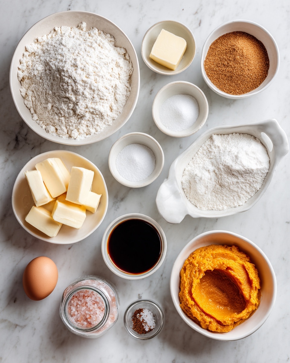 The image shows a flat lay of baking ingredients arranged neatly on a white marbled surface. There is a large white bowl filled with flour at the top center. To the left of the flour, slices of butter rest in a small white bowl. Next to that, several small white bowls contain baking powder, baking soda, and salt. On the right side, a white oval bowl holds brown sugar. Below these, a round white bowl contains an orange mixture, likely pumpkin puree. A small white cup filled with dark liquid, probably vanilla extract, sits beside it. Near the bottom center, an opened jar of spices and a single white egg are visible. Finally, a small pile of pink salt is placed near the egg. Photo taken with an iphone --ar 4:5 --v 7