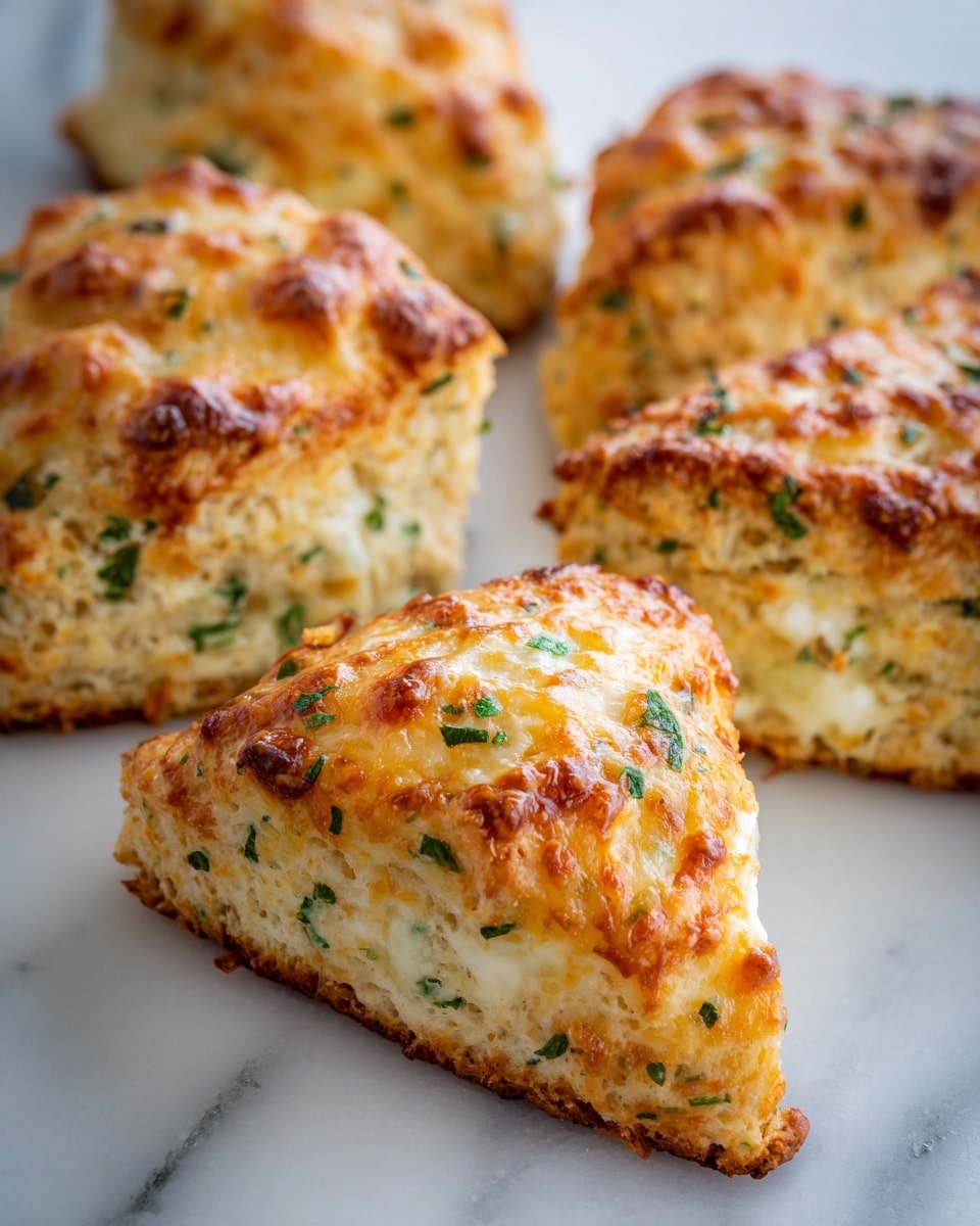 The image shows several golden-brown scones on a white marbled surface. Each scone has three thick layers: the bottom layer is a crumbly, light brown crust with a rough texture, the middle layer is soft and pale with small flecks of herbs, and the top layer is a slightly crispy, golden cheese topping with bits of green herbs scattered evenly across. The scones are arranged close together, with one triangular piece in the center in sharp focus, showing the detailed texture of melted cheese and herbs. Photo taken with an iphone --ar 4:5 --v 7