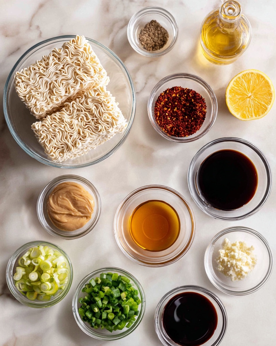 On a white marbled surface, there is a clear glass bowl holding two blocks of uncooked ramen noodles with a rough texture. Around it are small clear glass bowls and dishes arranged neatly, each containing different ingredients: deep red chili flakes, dark brown soy sauce, light yellow ginger slices, light amber honey, pale beige peanut butter, fresh green chopped scallions, light yellow lemon juice, finely chopped garlic, and a small amount of white vinegar. The colors and textures of the ingredients create a balanced spread. Photo taken with an iphone --ar 4:5 --v 7