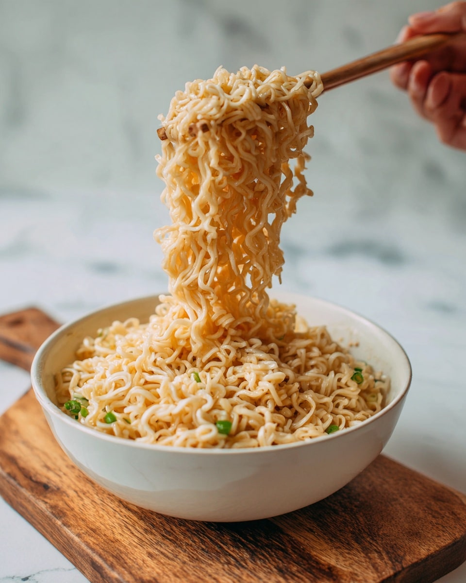 A white bowl filled with cooked instant noodles that have a light golden color and a slightly shiny texture. Some small green bits, possibly chopped green onions or herbs, are mixed in with the noodles. A woman's hand is holding chopsticks and lifting a thick clump of noodles out of the bowl, showing the noodles stretching upward in soft, loose strands. The bowl is placed on a wooden board, with a white marbled surface in the background. The lighting is natural and soft, highlighting the smooth texture of the noodles. photo taken with an iphone --ar 4:5 --v 7