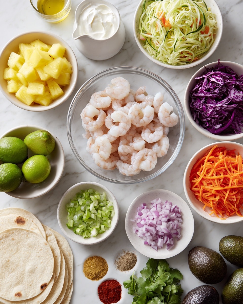 A clear round bowl in the center holds raw shrimp, pale pink and slightly translucent, showing a fresh and plump texture. Surrounding it are several small white bowls arranged neatly on a white marbled surface: the top right bowl contains shredded vegetables including pale green zucchini, orange carrot, and purple cabbage, layered and mixed with visible curled strands. The top left bowl holds bright yellow pineapple chunks, next to a small white bowl with thick white sour cream. Below these, a white bowl contains chopped red onions in small square pieces, beside a tiny plate with minced garlic. Halved bright green limes are placed near the shrimp bowl. Small white bowls to the right contain chopped green bell peppers and sliced green onions with round cut pieces. In the lower part of the image, there is a white jug with light golden oil and a small white bowl filled with fresh green cilantro leaves. A stack of soft yellow corn tortillas is partially visible lower left, and two dark green avocados with rough skin are placed at the bottom right. A small white plate at the lower left carries various colorful spices including red paprika, light tan garlic powder, and green herbs, all finely ground. Photo taken with an iphone --ar 4:5 --v 7
