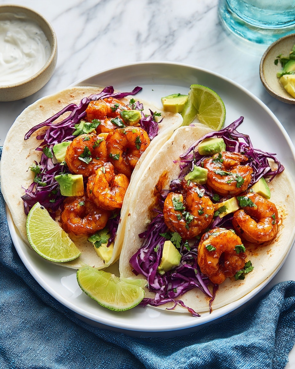 In the image, two soft tortillas rest on a white plate, filled with layers of cooked reddish-orange shrimp, topped with green avocado cubes, and shredded purple cabbage. Bright lime wedges are placed around the edges of the plate. The shrimp appear glazed with a slight shine, and there is a sprinkle of fresh green herbs over the filling. The background shows a white marbled surface with a blue cloth to the side and a small bowl of white sauce along with a glass bottle sitting in the background. The photo taken with an iphone --ar 4:5 --v 7