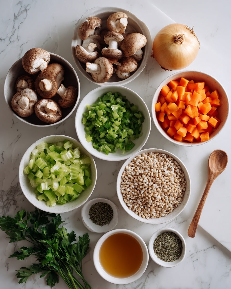 The image shows several white bowls and a small white plate arranged on a white marbled surface, each filled with different chopped or whole ingredients. Starting from the top left, there is a bowl filled with whole brown mushrooms next to a whole yellow onion and a garlic bulb. Below the mushrooms, a bowl contains bright orange chopped carrots. At the center is a bowl with green chopped celery pieces. To the right of the celery, there is a bowl filled with uncooked pearl barley grains. Near the bottom left, fresh green parsley leaves lie next to a bowl with dried green herbs and a small wooden spoon. At the bottom right, a small bowl holds a light amber-colored liquid. The ingredients are neatly arranged with a clean and simple look, photo taken with an iphone --ar 4:5 --v 7