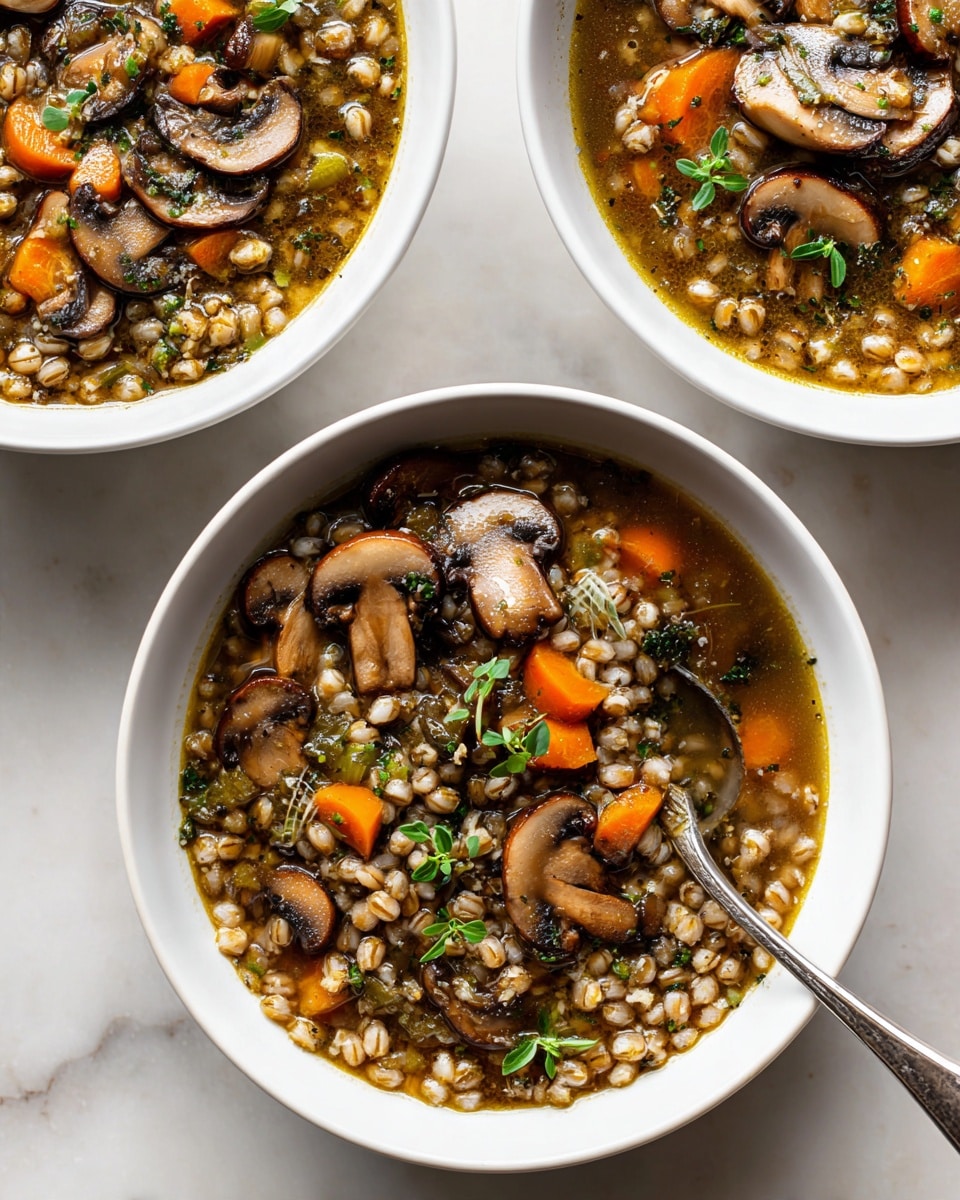 The image shows three white bowls of mushroom and barley soup placed on a white marbled surface. Each bowl contains a rich broth with brown barley grains forming the base layer. On top, there are slices of cooked mushrooms with a soft, slightly shiny brown texture. Small pieces of orange carrots are scattered within the soup, adding a bright contrast. Tiny green herb leaves float in the broth, giving a fresh touch. A silver spoon rests inside the center bowl, partially submerged in the soup. Photo taken with an iphone --ar 4:5 --v 7
