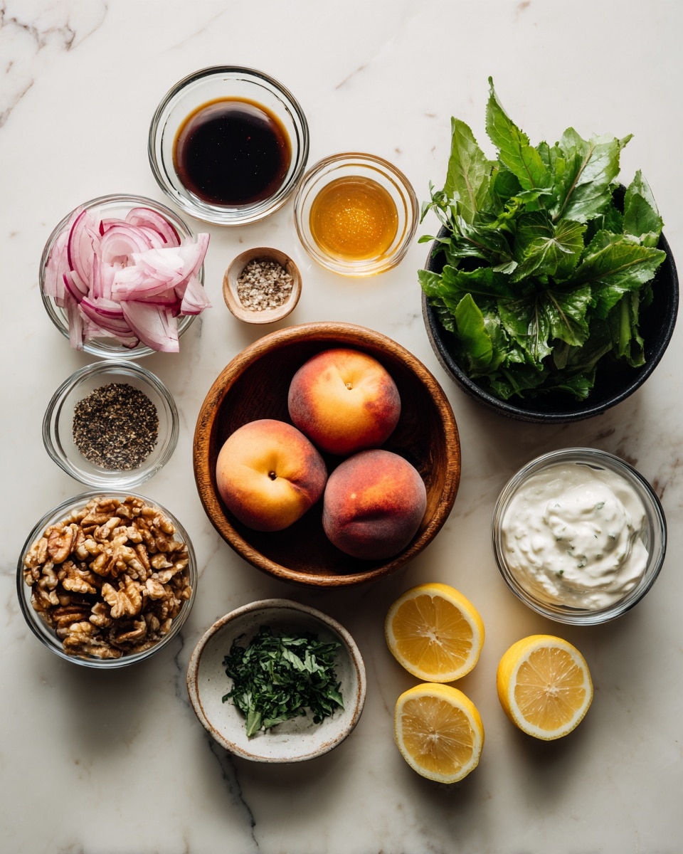 The image shows a white marbled surface with several clear glass bowls arranged neatly. In the center is a wooden bowl holding three peaches with smooth orange and pink skin. Surrounding it are small bowls containing sliced red onions with purple rings, brown walnuts, white thick cream, dark brown sauce, black pepper, green herbs, a small bowl of tiny orange seeds, and two lemon halves placed side by side. A black bowl filled with fresh green leaves is also visible. The light reflects softly off each bowl, creating a fresh and clean look. Photo taken with an iphone --ar 4:5 --v 7