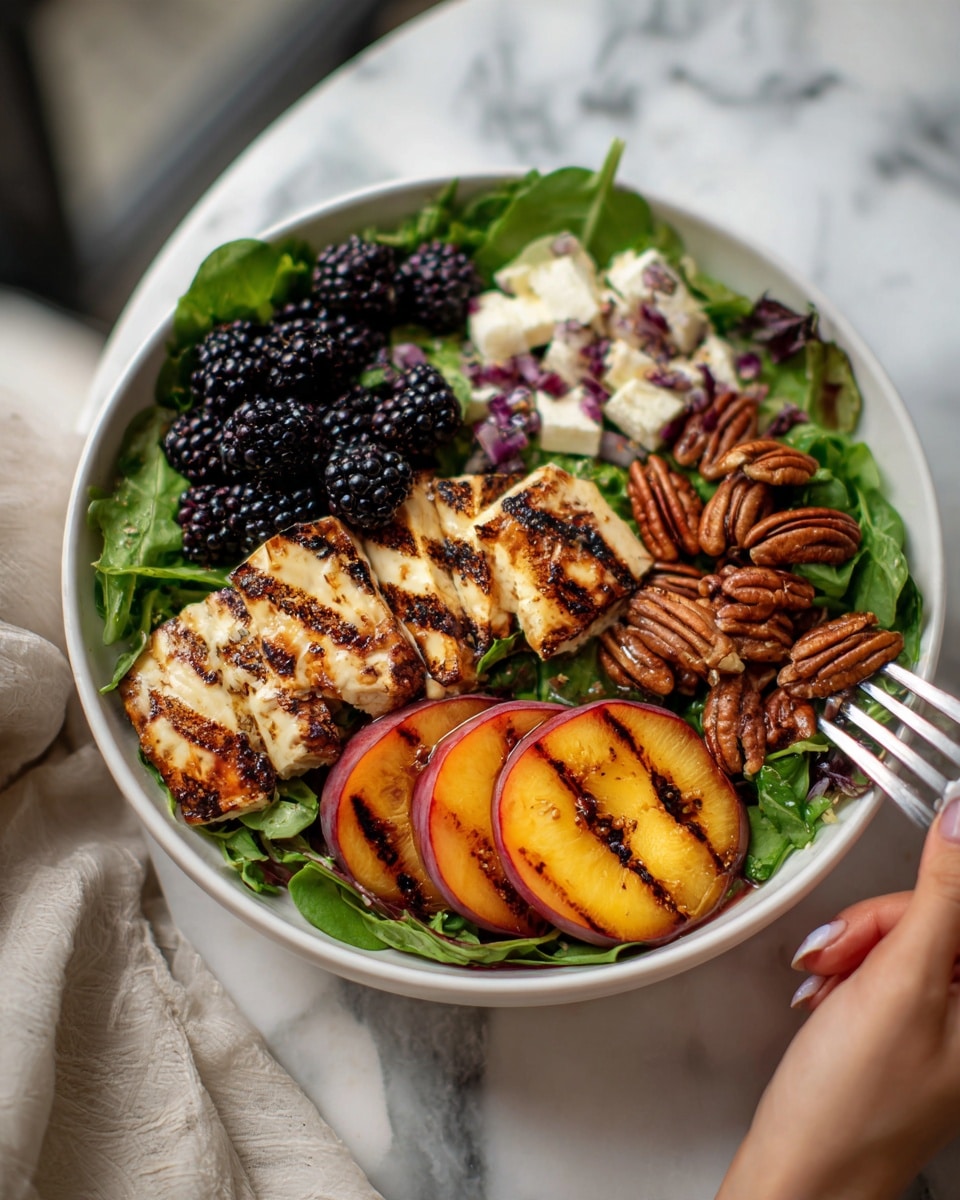 The image shows a colorful salad in a white bowl placed on a white marbled surface. The salad has three main layers: the base consists of fresh green leafy vegetables, giving a vibrant, leafy texture; on top, there are blackberries scattered, adding dark purple and smooth textures; the final layer includes slices of grilled peaches with visible char marks, creamy white cheese pieces, and pecans distributed evenly, creating a mix of orange, white, and brown colors. A woman's hand is holding a fork near the bowl. Photo taken with an iphone --ar 4:5 --v 7