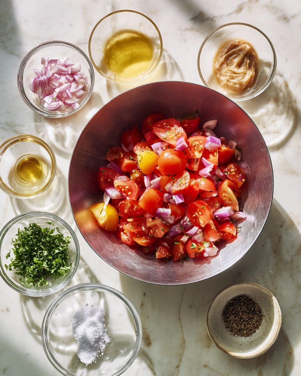 A large silver metal bowl filled with chopped tomatoes showing rich red, yellow, and deep purple colors with smooth, juicy textures on a white marbled surface. Around the bowl, there are seven small clear glass bowls arranged loosely: one contains finely chopped pale pink shallots, another has a thick beige paste, a third holds a golden liquid, one has a lighter yellow oil, another has scattered coarse salt with white crystals, a bowl with coarse black pepper, and a small bowl filled with fresh, bright green chopped herbs. Soft natural light casts clear shadows, highlighting the fresh ingredients and their colors photo taken with an iphone --ar 4:5 --v 7