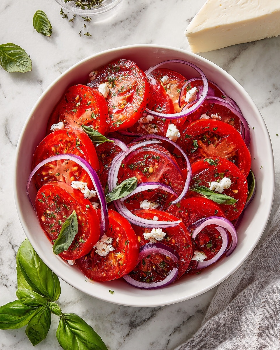 A white bowl filled with bright red tomato slices arranged in overlapping layers, topped with thin purple-red onion rings scattered evenly across the tomatoes. Fresh green herbs and small white crumbles are sprinkled on top, adding texture and color contrast. The bowl is placed on a white marbled surface with a block of white cheese and a few green basil leaves nearby. The overall look is fresh, colorful, and vibrant. photo taken with an iphone --ar 4:5 --v 7