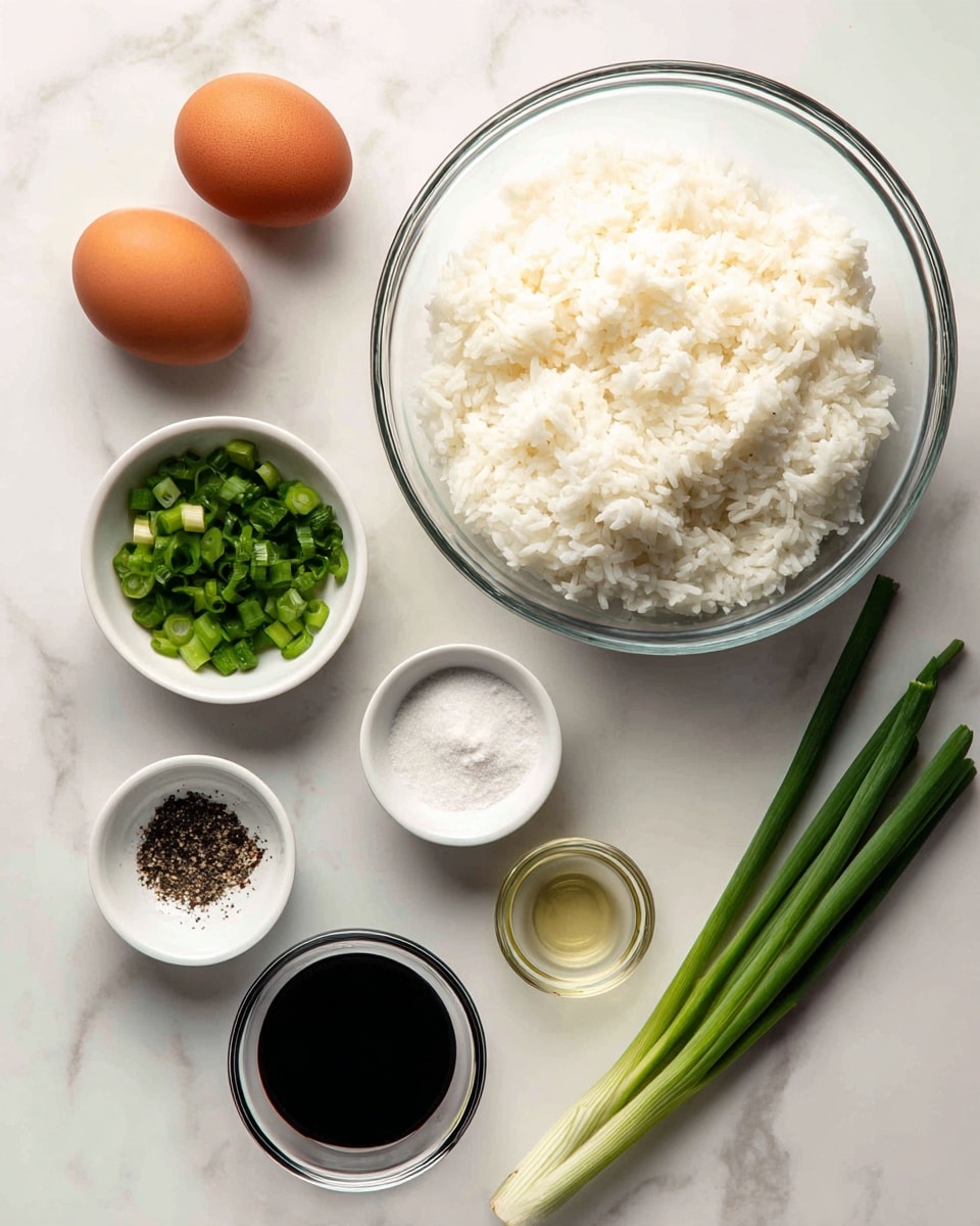 The image shows six ingredients neatly arranged on a white marbled surface. On the right, there is a large clear glass bowl filled with fluffy white rice. To the left, a small white bowl holds chopped green onions, next to two whole brown eggs placed side by side. Below, there is a small white bowl with white powder, another small white bowl with cracked black pepper, a small clear glass bowl with light cooking oil, and a small clear glass bowl with dark soy sauce. All the items are spaced evenly, with soft natural light enhancing the textures and colors photo taken with an iphone --ar 4:5 --v 7