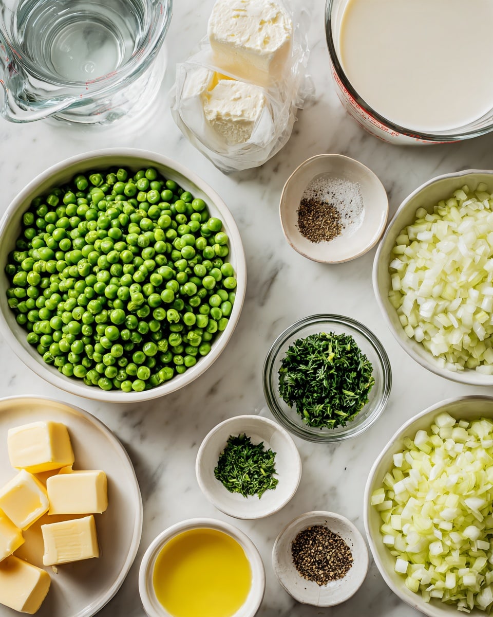 A white bowl in the center is full of small frozen green peas, surrounded by smaller white bowls and glass containers. To the left, there is a large clear glass measuring cup filled with clear broth, and a glass of plain water. Below the pea bowl is a small white plate with pale yellow butter slices, light green celery slices, and finely chopped light yellow garlic. On the right, there is a white bowl filled with chopped white onion, a clear glass measuring cup with creamy white milk, and a small white bowl with yellow olive oil. Next to these, there are three small bowls with green chopped parsley, white salt, and ground black pepper. All are arranged on a white marbled surface with soft natural light. Photo taken with an iphone --ar 4:5 --v 7