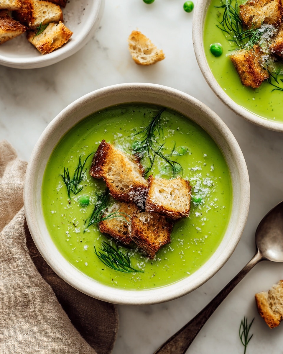 A white bowl filled with smooth, bright green pea soup forms the base layer, topped with golden brown toasted croutons scattered across the surface, sprinkled lightly with coarse salt. Fresh green herb sprigs float gently in the soup, adding texture and color contrast. The bowl sits on a white marbled surface with a piece of beige and brown cloth partially visible on the side, while another white bowl with green peas and a white bowl with extra croutons are around it. A woman's hand is just touching the edge of one bowl on the side. photo taken with an iphone --ar 4:5 --v 7