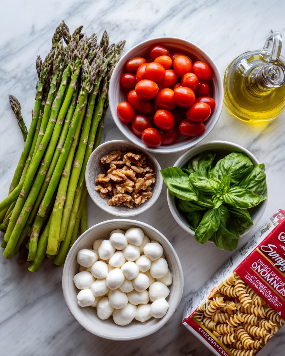 The image shows fresh ingredients arranged on a white marbled surface. There is a bunch of green asparagus spears stacked diagonally on the left side. Next to the asparagus is a small white bowl filled with bright red grape tomatoes. Below the tomatoes is the red and white box of Andean Dream organic fusilli pasta, positioned slightly to the right. In the center, there is a small white bowl with chopped walnuts beside another white bowl containing green basil leaves. At the bottom left, a larger white bowl holds many small white mozzarella balls. To the right of the ingredients, there is a glass bottle with a metal spout, likely for olive oil. The scene is well-lit with natural light, showing fresh, colorful, and healthy ingredients. photo taken with an iphone --ar 4:5 --v 7