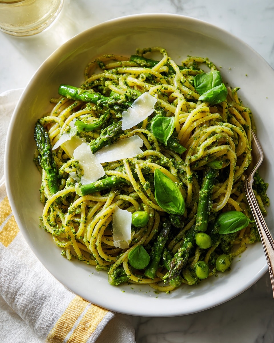 A close-up view of a dish of spaghetti coated in green pesto sauce, mixed with bright green asparagus pieces and scattered fresh basil leaves. Thin, white, irregularly shaped parmesan cheese slices are spread over the top. The pasta sits on a large white plate, placed on a white marbled surface. To the side, a glass of pale yellow drink and a silver serving fork rest near a white cloth with yellow stripes. The lighting is bright and natural, making the green and white colors of the dish stand out clearly. photo taken with an iphone --ar 4:5 --v 7