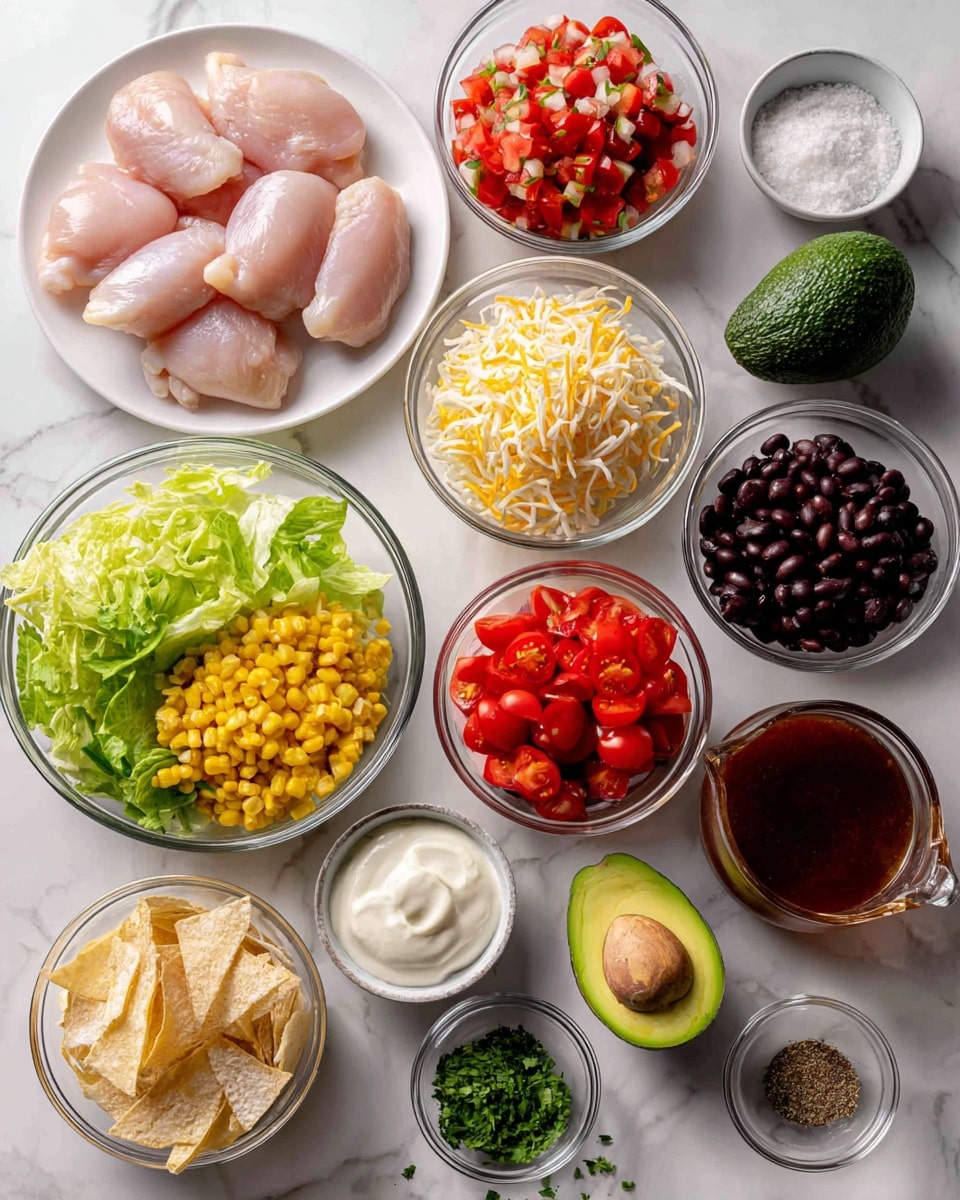 The image shows many clear glass bowls with different fresh ingredients arranged neatly on a white marbled surface. There are four pale pink raw chicken pieces on a white plate to the left. The bowls hold bright yellow corn kernels, red diced tomatoes, shredded white cheese, crisp green lettuce leaves, light golden fried strips, two whole dark green avocados, black beans, and thinly sliced white radish. Smaller bowls contain green herbs, dried seasonings, creamy white sour cream, oil, salt, and a measuring cup filled with a dark reddish-brown sauce. The overall scene is clean, organized, and colorful. Photo taken with an iphone --ar 4:5 --v 7