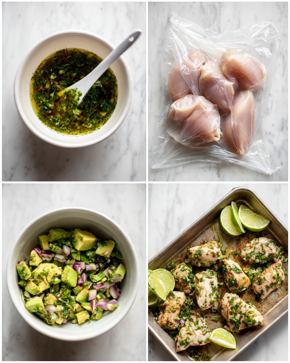 The image shows four steps of making a dish starting from a white bowl filled with a green marinade mix containing chopped herbs and liquid with a white spoon resting inside it. Next, two raw light pink chicken pieces are placed inside a clear plastic bag with some of the green marinade around them, set against a white marbled surface. In the third image, a white bowl contains chopped avocado mixed with small pieces of red onion and green herbs, with a white spoon inside. In the last image, four grilled chicken pieces are on a metal tray topped with chunky avocado salsa and garnished with lime wedges scattered around. Photo taken with an iphone --ar 4:5 --v 7