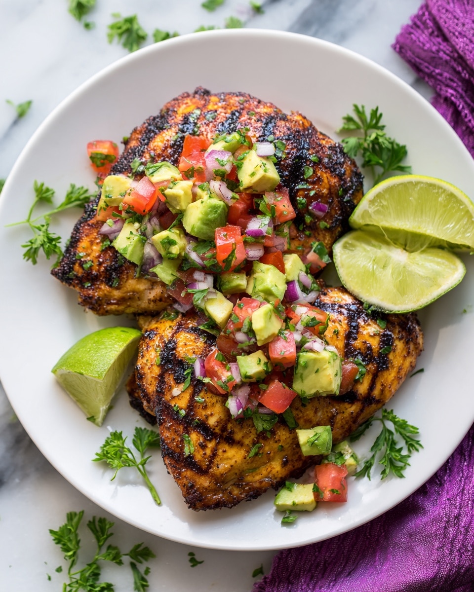 The image shows two grilled chicken pieces on a white plate, their skin marked with dark brown grill lines. On top of the chicken is a colorful salsa made of small diced red tomatoes, green avocado, and white onion, mixed evenly. The chicken is placed on a white marbled surface with some fresh green parsley sprinkled around for decoration. There are two lime wedges on the plate beside the chicken. A purple cloth is placed to the right side of the plate. Photo taken with an iphone --ar 4:5 --v 7