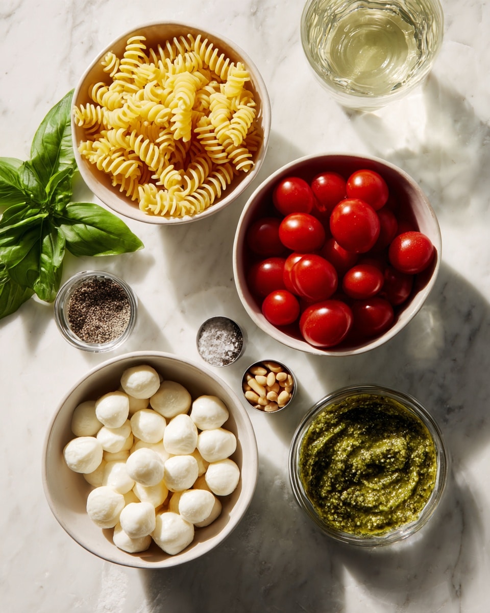 Three white bowls sit on a white marbled surface. The top left bowl is filled with yellow spiral pasta, the top right bowl holds bright red grape tomatoes, and the bottom left bowl contains small white mozzarella balls. Below them, several small clear and metal containers hold salt, black pepper, and pine nuts. Fresh green basil leaves rest near a small glass bowl of green pesto sauce and a small glass of clear liquid. The overall setup is clean and organized, shown from above with soft natural lighting. photo taken with an iphone --ar 4:5 --v 7