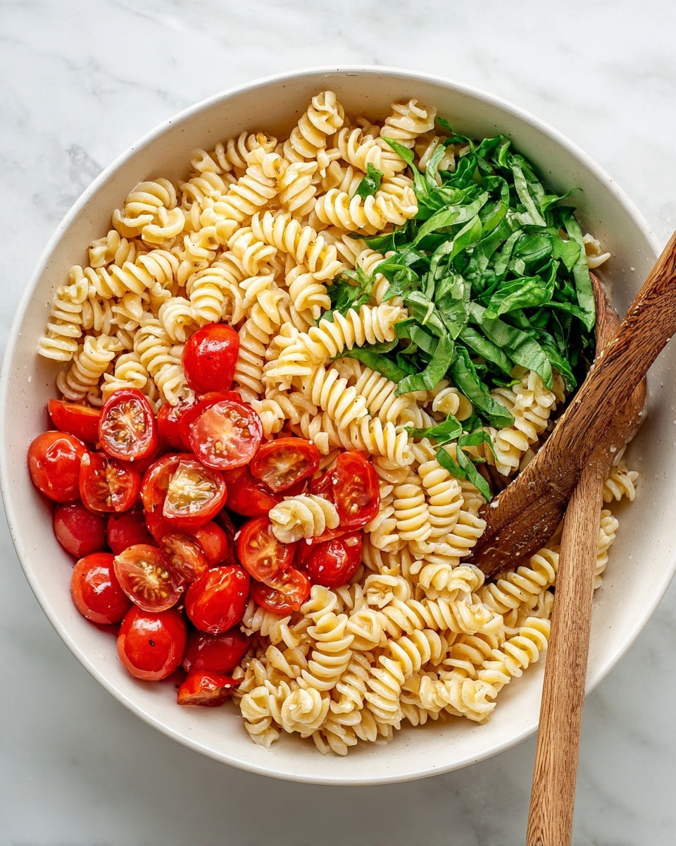 A white bowl filled with three layers of pasta salad: the bottom layer is a swirl of cooked rotini pasta in a light beige color; the middle layer has bright red cherry tomato halves scattered evenly; the top layer is fresh green basil leaves spread out for color and texture. Two wooden spoons rest inside the bowl, one to the side and one partly underneath the pasta. The bowl is on a white marbled surface. photo taken with an iphone --ar 4:5 --v 7