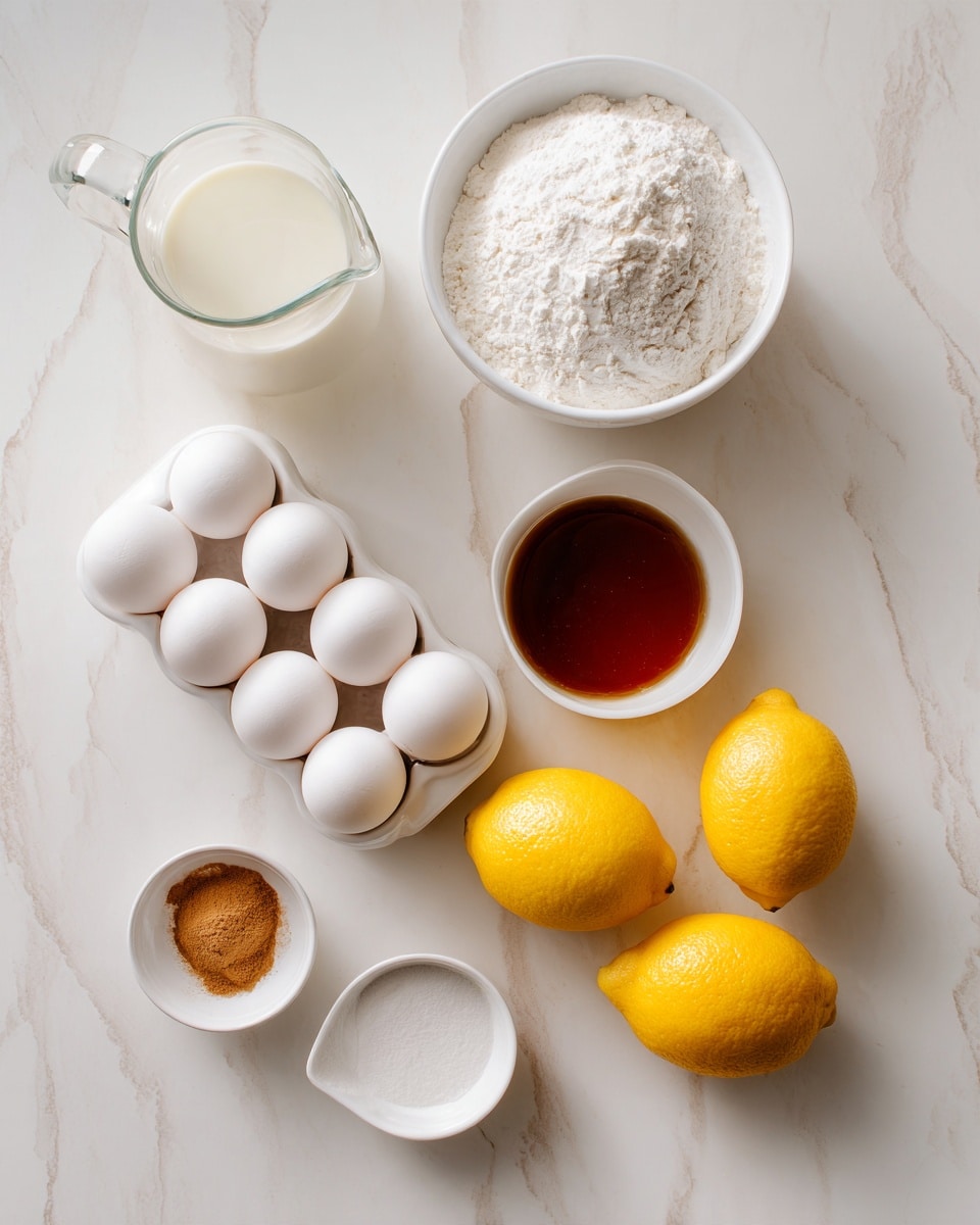 The image shows ingredients arranged neatly on a white marbled surface. There is a glass jug of milk at the top left, next to a white bowl filled with white flour. Below them, a white egg carton holds four white eggs. To the right of the eggs, there is a small white bowl of brown liquid, likely vanilla or syrup. At the bottom, two whole yellow lemons and one lemon half are placed side by side. A small white bowl with a light brown powder, possibly cinnamon, is near the lemons. The setup is clean and simple with soft lighting, photo taken with an iphone --ar 4:5 --v 7