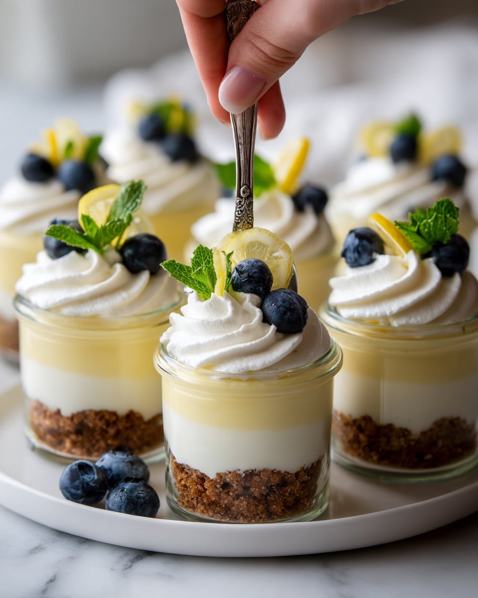 The image shows several small clear glass jars filled with a dessert made of layers. The bottom layer looks crumbly and brown, like crushed cookies or crumbs. Above that is a thick, smooth, pale yellow layer, creamy in texture and taking up most of the jar. On top sits a swirl of white whipped cream, which has a light and soft texture. Each jar is decorated with fresh blueberries, a small slice of lemon zest, and a bright green mint leaf. The jars are placed on a white plate, which sits on a white marbled surface. A woman’s hand holding a spoon is gently reaching toward one of the jars. photo taken with an iphone --ar 4:5 --v 7