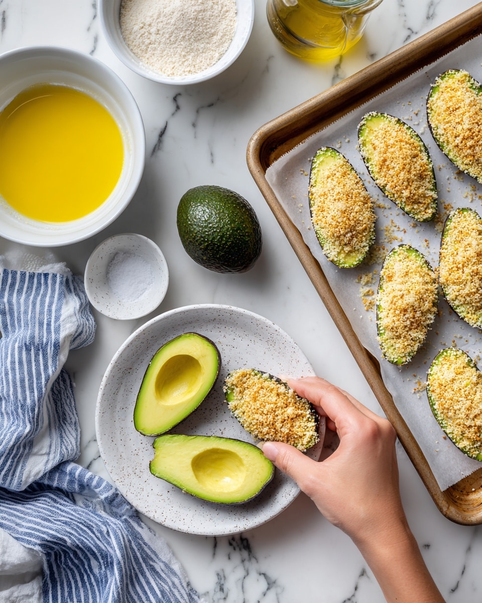 A woman's hand is dipping an avocado slice covered in breadcrumbs into a white bowl filled with more breadcrumbs. Below this, there is a white speckled plate holding four fresh avocado slices with green skin and light green flesh. To the right, a baking tray lined with parchment paper holds nine avocado slices already coated with breadcrumbs, evenly spaced. Above these, there are two white bowls: one with a yellow beaten egg mixture and another with white flour. Near the top center, there is a whole dark green avocado. A small glass jar with light yellow oil and a blue and white striped cloth are positioned on the left side of the white marbled surface, which is the base of the scene. Photo taken with an iphone --ar 4:5 --v 7