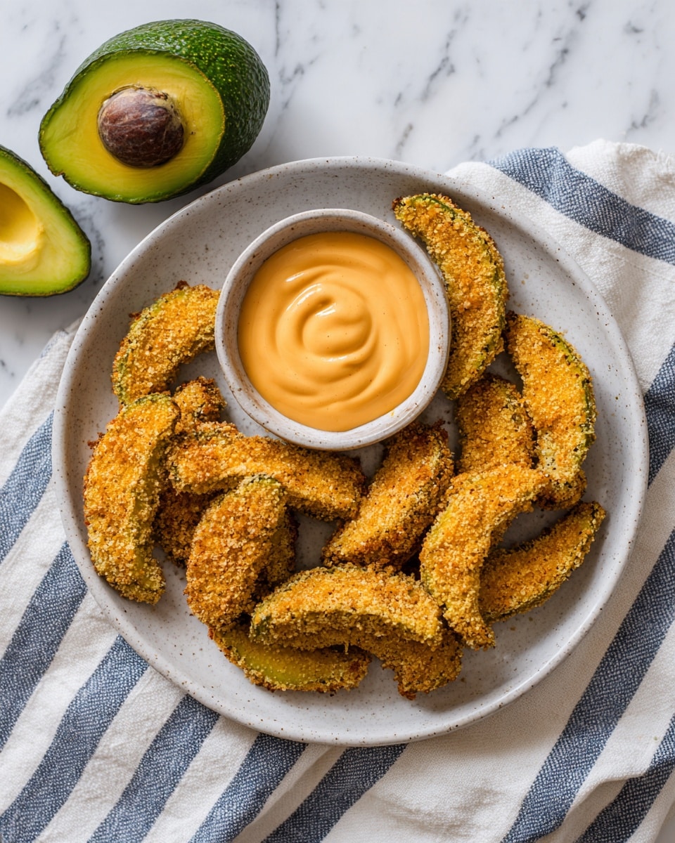 The image shows a white speckled plate filled with about fifteen breaded avocado slices that are golden brown and crispy, each piece curved and textured with a rough coating. On the plate, near the avocado slices, is a small round bowl filled with creamy, light orange dipping sauce with a smooth swirl on top. The plate is set on a white marbled surface covered partially by a white cloth with wide blue stripes. Next to the plate on the cloth are two avocados, one whole with a dark green textured skin and the other cut in half showing bright green flesh and a large brown seed in the center. Photo taken with an iphone --ar 4:5 --v 7