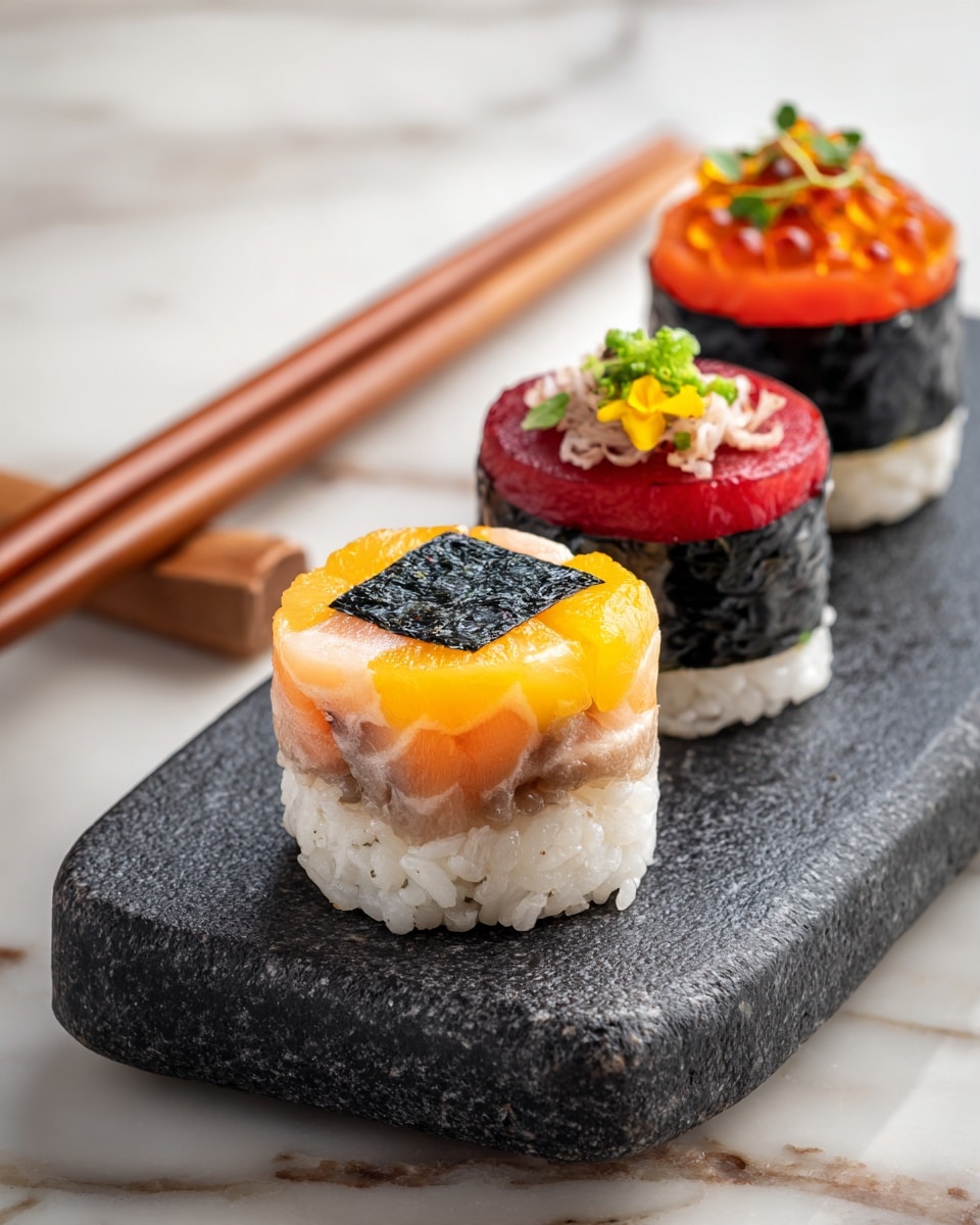 The image shows four round sushi pieces arranged on a black stone plate. Each sushi ball has a base layer of white rice, topped with different colored layers. The closest sushi has a light orange fish layer wrapped with a small black seaweed square on top. Behind it, a sushi piece has a red fish layer with black seaweed wrapped around the middle and topped with small orange toppings. Another sushi ball has a pink seafood layer with tiny green garnish, topped with a small yellow layer with more green garnish. The background is a white marbled surface with wooden chopsticks on the left side. photo taken with an iphone --ar 4:5 --v 7