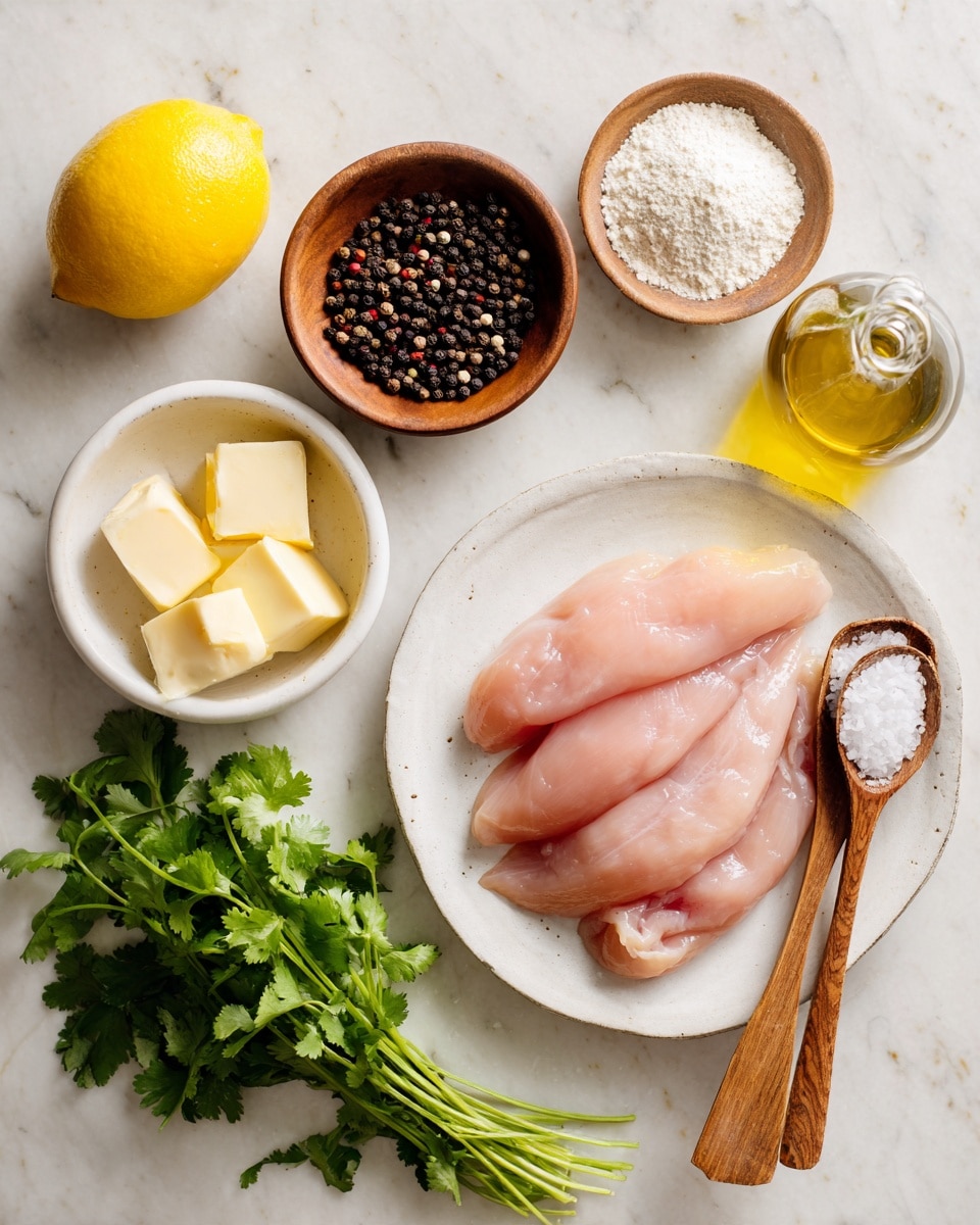 A white plate on a white marbled surface holds several raw pink chicken tenders layered neatly, slightly overlapping. To the upper left is a whole yellow lemon, while near the top center is a wooden bowl filled with dark brown and black peppercorns, and a wooden spoon resting inside. Next to that is a small glass bottle of golden-yellow oil. Below and slightly left of these items is a small white bowl containing light yellow butter slices. On the right side of the plate, there is a wooden bowl filled with coarse white salt and a wooden spoon lying inside. Nearby is a small white bowl containing fine white flour. At the bottom right corner, there is a bunch of fresh green cilantro laying loose on the surface. photo taken with an iphone --ar 4:5 --v 7