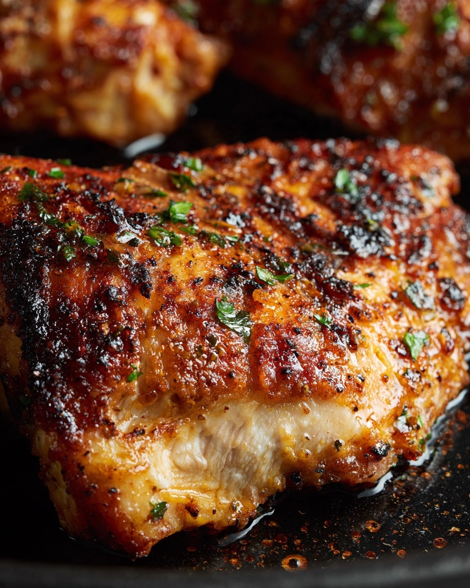 A close-up view of a single piece of cooked chicken with a crispy, golden brown skin showing dark char marks and a textured surface, garnished with small green herb pieces scattered on top. The chicken piece has a slightly shiny look from cooking juices, resting on a black pan surface with some oil and seasoning bits around. The edges of the chicken reveal light-colored tender meat beneath the brown skin. photo taken with an iphone --ar 4:5 --v 7