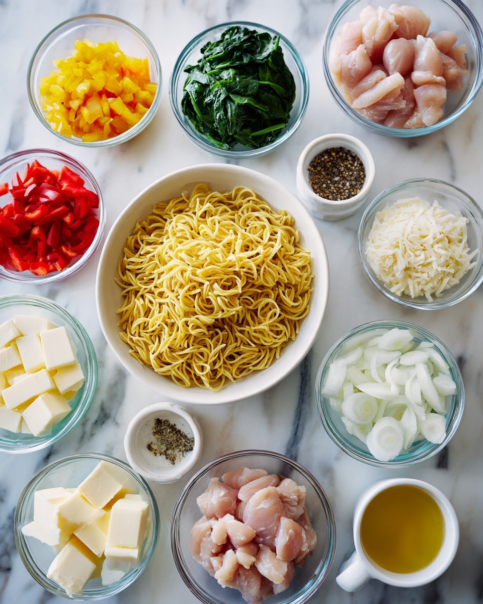 The image shows many small white bowls and glass containers placed on a white marbled surface, each filled with different raw ingredients. There is a large bowl in the center with uncooked yellow pasta, surrounded by smaller bowls holding pieces of red and yellow chopped bell peppers, green leafy spinach, sliced white onions, and raw pieces of pale pink chicken. Other containers have a clear golden liquid, white cubes of butter, white powders, black pepper, and a yellow sauce in a small cup. The bowls are spread out evenly in a clean, bright setting. photo taken with an iphone --ar 4:5 --v 7