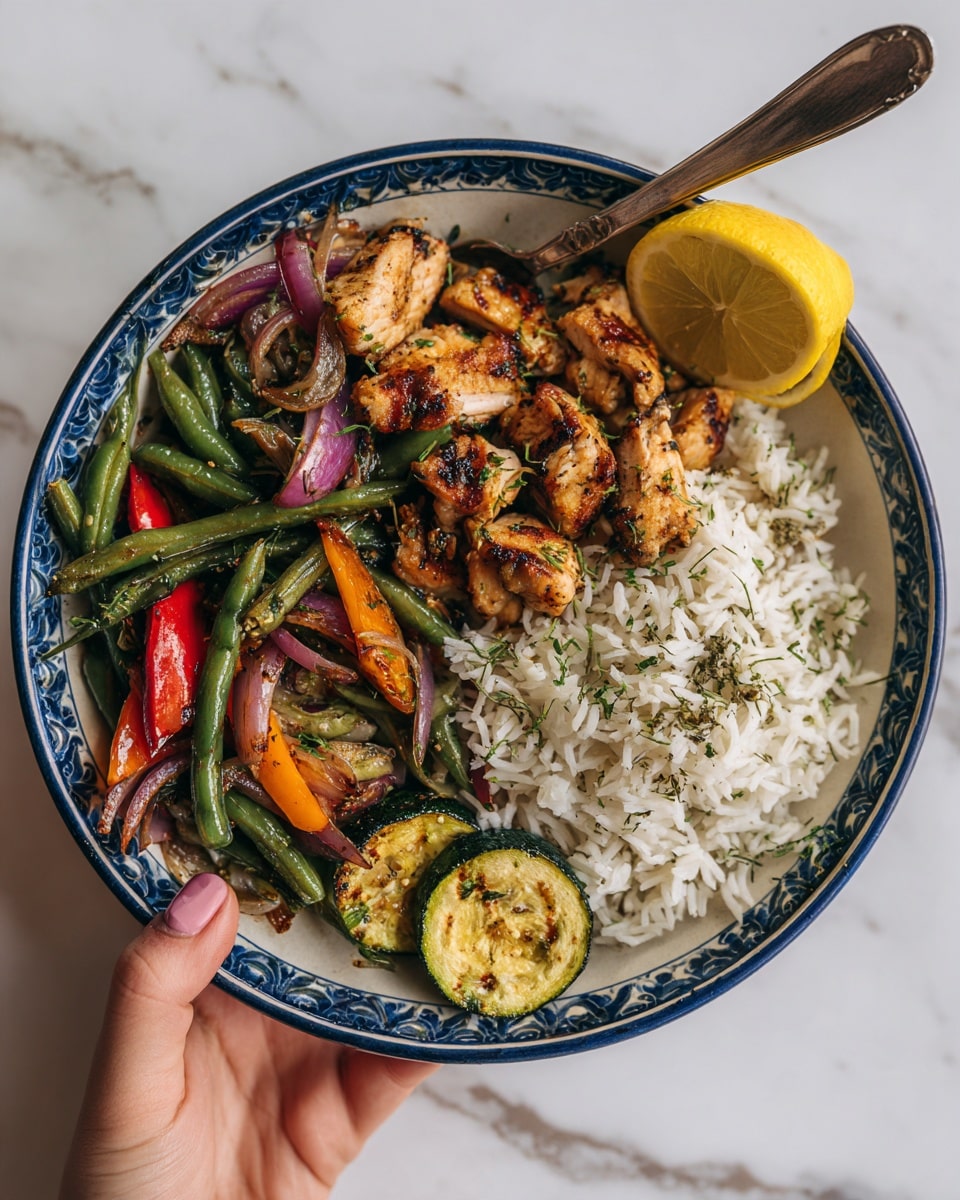 The image shows a white plate with a blue rim filled with a colorful dish. On the right side is a pile of white rice with some herbs sprinkled on top. To the left and center, there are pieces of grilled chicken that are golden and slightly charred. Around the chicken are bright green beans, red bell peppers, red onion chunks, and slices of green zucchini, all cooked and mixed together. A yellow lemon wedge rests on the top right edge of the plate. The plate is on a white marbled surface, and a woman's hand is holding a spoon near the top left corner. photo taken with an iphone --ar 4:5 --v 7