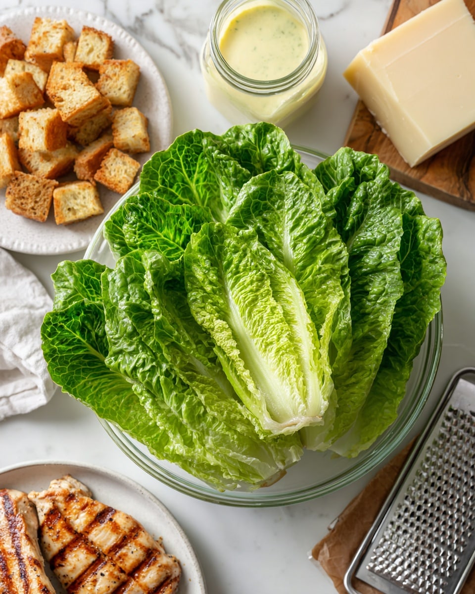 The image shows fresh green romaine lettuce leaves in a clear bowl as the top layer, with their textured veins and bright color visible. Below and around the bowl, there are crispy golden-brown croutons on a white plate to the left, and two grilled chicken pieces with light brown grill marks on another white plate at the bottom. To the top right, there is a jar filled with creamy light yellow dressing next to a block of pale yellow cheese on a metal grater. All items are placed on a white marbled surface. photo taken with an iphone --ar 4:5 --v 7