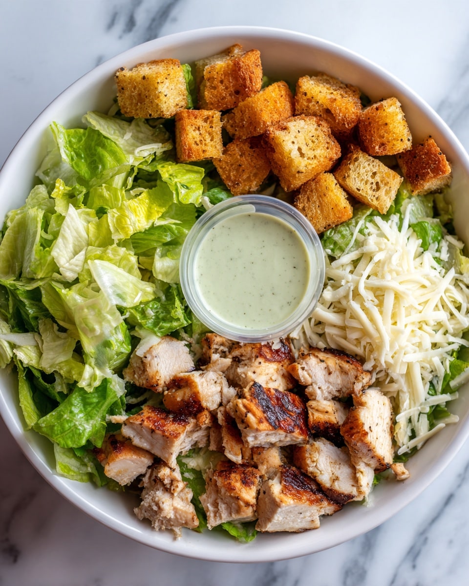 A white bowl filled with a fresh salad, layered in four parts: bright green lettuce leaves on the left side, golden brown croutons next to the lettuce, a light green creamy dressing in a small round container at the bottom center, and bite-sized pieces of grilled chicken with a browned outer texture on the right side. At the bottom right, there is a portion of white shredded cheese that adds a slight texture contrast. The bowl is on a white marbled surface. Photo taken with an iphone --ar 4:5 --v 7