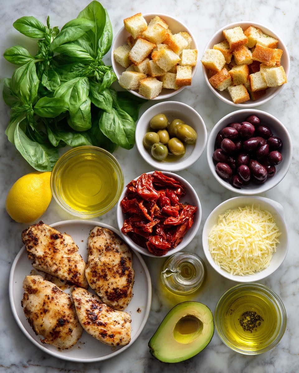 The image shows a white marbled surface filled with multiple small white bowls arranged in a loose circle. Each bowl contains different ingredients including fresh green basil leaves, golden-brown toasted bread cubes, bright red sun-dried tomatoes, dark purple olives, creamy white cheese, yellow lemon zest, and light-colored pine nuts. On the bottom left, there are two grilled pieces of chicken with visible char marks. A clear glass bowl with light yellow lemon juice, a green avocado, and a small olive oil bottle are also present. The scene is bright and well-lit, organizing all ingredients neatly for a fresh, colorful meal prep. photo taken with an iphone --ar 4:5 --v 7